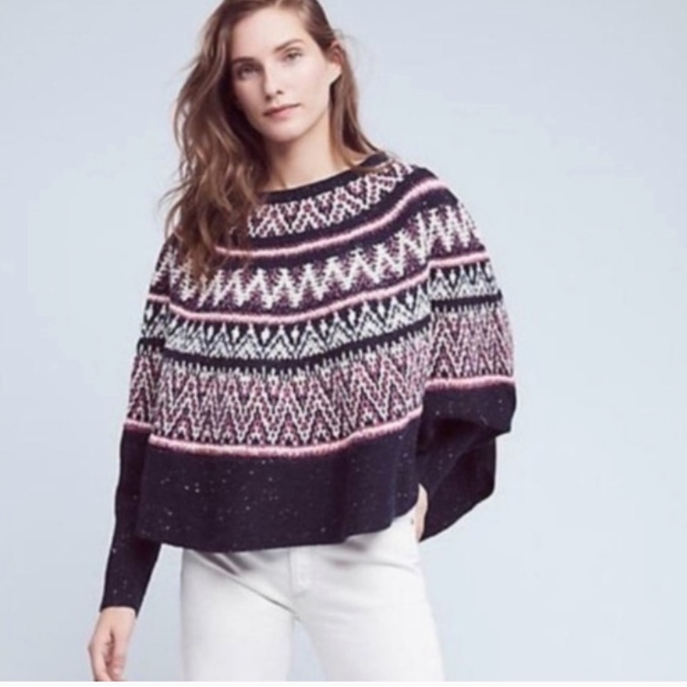 Anthropologie Sleeping On Snow Midland Fair Isle Sweater Poncho W-355 Sz XS/S